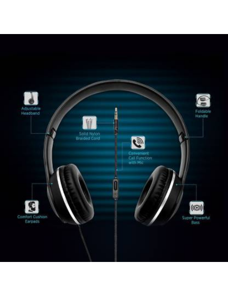 INTEX ROAR 101 3.5mm Wired Noise Cancelling Nylon Braided Foldable Headphone Headset with Mic for Mobile, Laptop (Black) - eDubaiCart